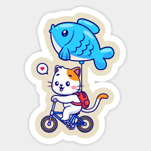 Cute Cat Riding Bicycle With Fish Balloon Cartoon Sticker